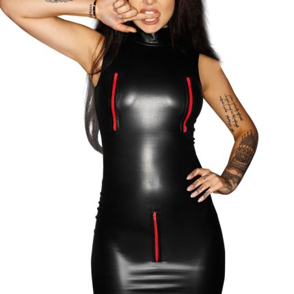 schwarzes Minikleid F106 mit roten Reißverschlüssen von Noir Handmade ImMoral Kollektion