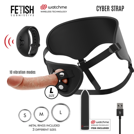 FETISH SUBMISSIVE CYBER STRAP - HARNESS MIT DILDO- UND BULLET-FERNBEDIENUNGS-WATCHME-L-TECHNOLOGIE - Größe L
