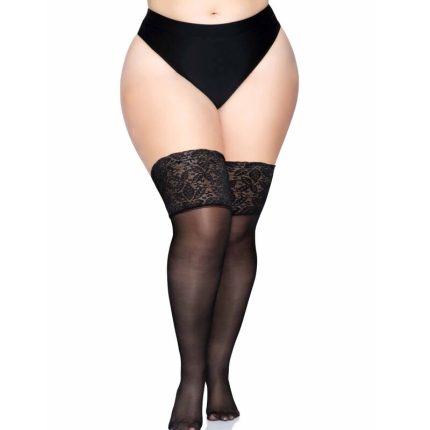Schwarze selbstklebende Strumpfhose mit breiter Spitze Übergrösse