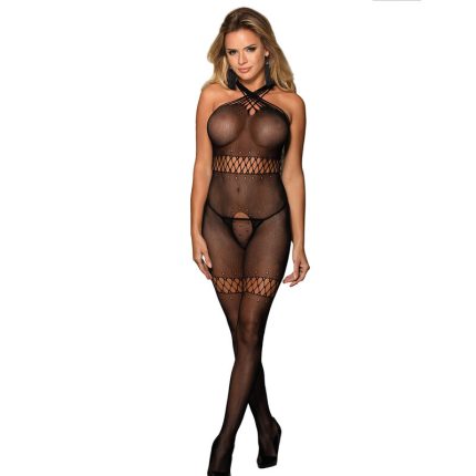 Netz-Bodystocking mit gekreuzten Halsträgern