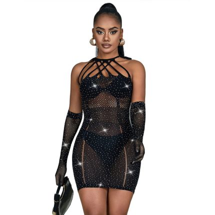 Netzkleid mit Strass schwarz