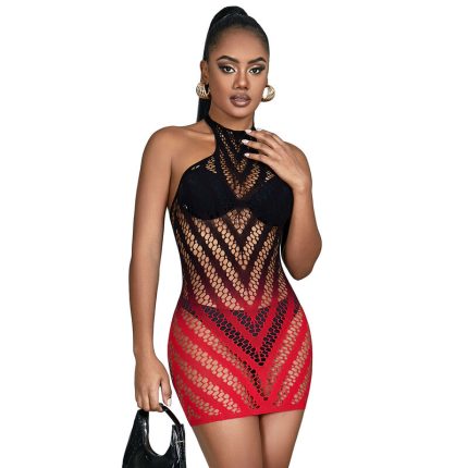 Roter und schwarzer Kleid aus elastischem Netz mit Degrad
