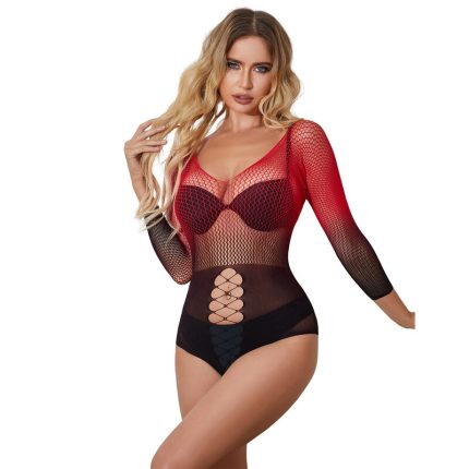 Rotes und schwarzes Kleid mit langen Ärmeln und elastischem Netzverlauf