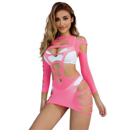 Langärmliges elastisches Netz-Kleid Rosa