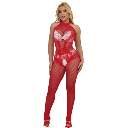Bodystocking aus Netz und Spitze mit hohem Hals ohne Schritt