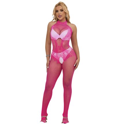 Bodystocking mit Netz und Spitze hoher Hals Einheitsgröße