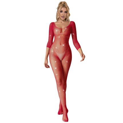 Netz-Bodystocking mit Diamanten Langarm Rot