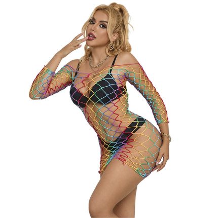Regenbogen Kleid mit langen Ärmeln und Netz
