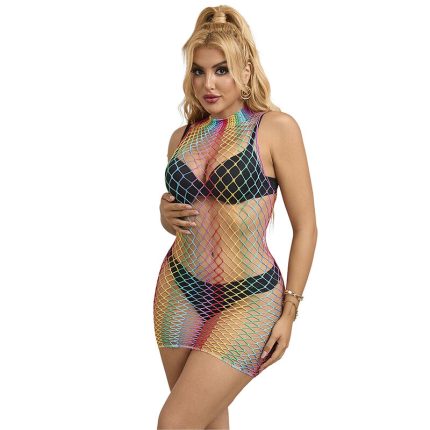 Rainbow Hoher Kragen Ärmelloses Netz Kleid Eine Größe