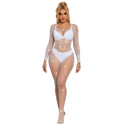 Netz-Bodystocking mit Diamanten Langarm Weiß