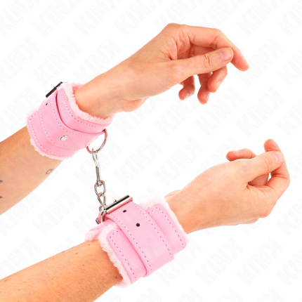 KINK - PELZGEFÜTTERTE HANDGELENKFESSELN ROSA MIT ROSA GÜRTEL VERSTELLBAR 17-29 CM X 6 CM - Größe X