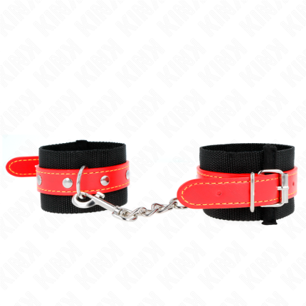 KINK - NYLON HANDGELENKFESSELN SCHWARZ MIT KUNSTLEDER ROT VERSTELLBAR 19-24 CM X 5,5 CM - Größe X
