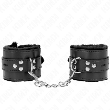 KINK - PELZGEFÜTTERTE HANDGELENKFESSELN MIT QUADRATISCHEN LÖCHERN, SCHWARZ UND SCHWARZ, VERSTELLBARER GÜRTEL 17-29 CM X 6 CM - Größe L