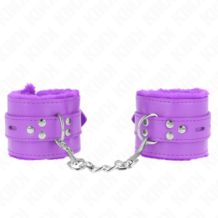 KINK - PELZGEFÜTTERTE HANDGELENKFESSELN MIT QUADRATISCHEN LÖCHERN, LILA UND LILA GÜRTEL, VERSTELLBAR 17-29 CM X 6 CM - Größe L