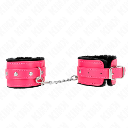 KINK - PREMIUM PELZGEFÜTTERTE HANDGELENKFESSELN SCHWARZ MIT HIMBEERROSEN-GÜRTEL VERSTELLBAR 17-29 CM X 6 CM - Größe X