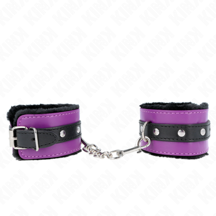 KINK - PREMIUM PELZGEFÜTTERTE HANDGELENKFESSELN SCHWARZ MIT LILA / SCHWARZER GÜRTEL VERSTELLBAR 17-29 CM X 6 CM - Größe X