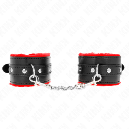 KINK - PREMIUM PELZGEFÜTTERTE HANDGELENKFESSELN ROT MIT SCHWARZEM GÜRTEL VERSTELLBAR 17-29 CM X 6 CM - Größe X