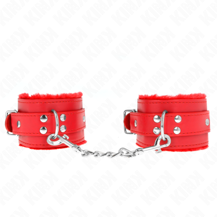 KINK - PELZGEFÜTTERTE HANDGELENKFESSELN ROT MIT ROTEM GÜRTEL VERSTELLBAR 17-29 CM X 6 CM - Größe X