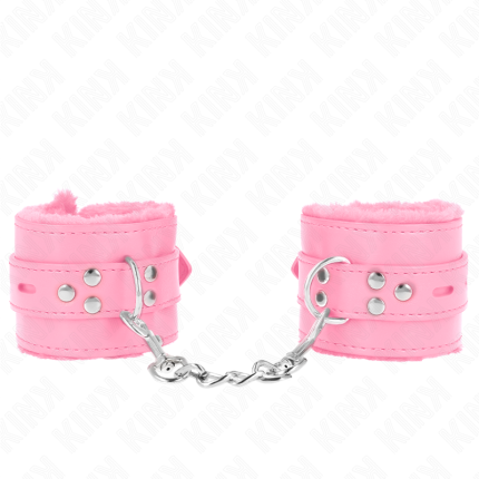 KINK - PELZGEFÜTTERTE HANDGELENKFESSELN MIT QUADRATISCHEN LÖCHERN, ROSA UND ROSA GÜRTEL, VERSTELLBAR 17-29 CM X 6 CM - Größe L