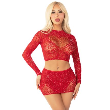 Glänzendes Netz Crop Top und Minirock Rot