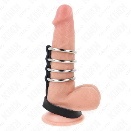 KINK - 4 METALL PENISRINGE 3,8 CM VERBUNDEN MIT LEDERBAND 22 X 1,5 CM UND DRUCKVERSCHLUSS - Größe X