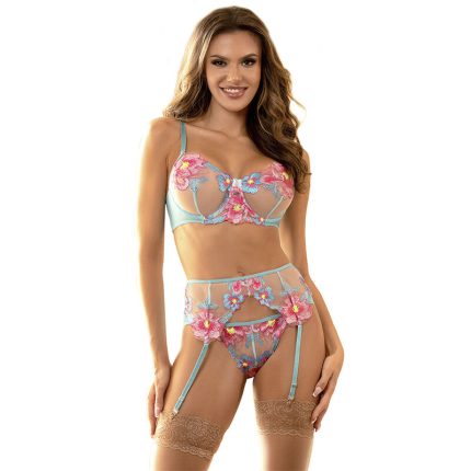 SUBBLIME - 954116 BH + HÖSCHEN MIT STRUMPFGÜRTEL BLUMENDESIGN BLAU L/XL - Größe L