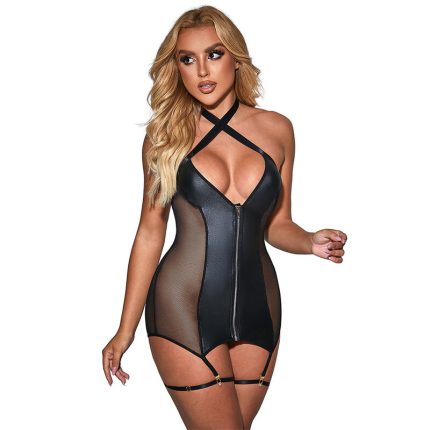 SUBBLIME - 954444 SEXY MESH KLEID LEDER SCHWARZ S/M - Größe S
