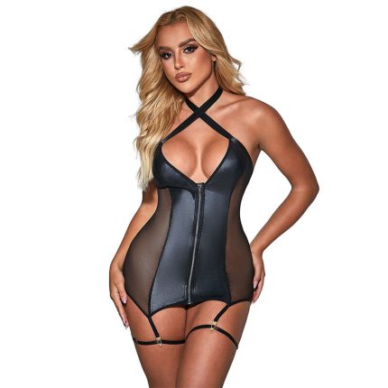 SUBBLIME - 954451 SEXY MESH KLEID LEDER SCHWARZ L/XL - Größe L