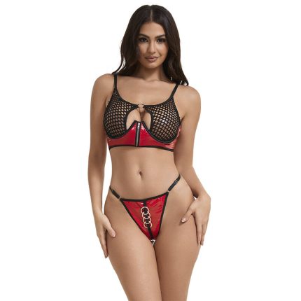 SUBBLIME - 955540 ROTES LACKLEDER-NETZ-ZIPPER-BH-SET L/XL - Größe L