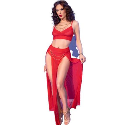 CHILIROSE - CR 4850 ROTES TOP UND LEGGINGS SET MIT GOLDENEN ACCESSOIRES L - Größe L