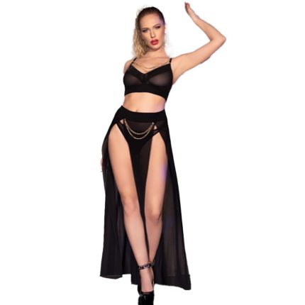 CHILIROSE - CR 4672 SCHWARZER TOP-ROCK UND TANGA MIT GOLDENEN KETTEN XL - Größe XL