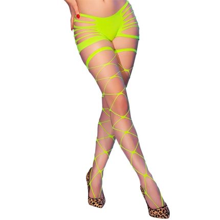 CHILIROSE - CR 4867 NEONGRÜNE NETZSTRUMPFHOSEN MIT LÖCHERN - Größe L